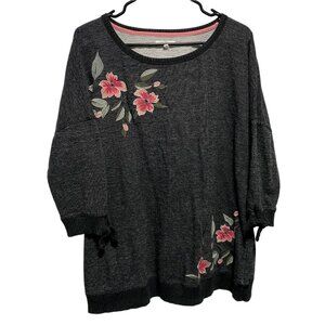 Maurices Women's Pullover Sweater Top Round Neck Heather Gray w/Flowers Size 1X